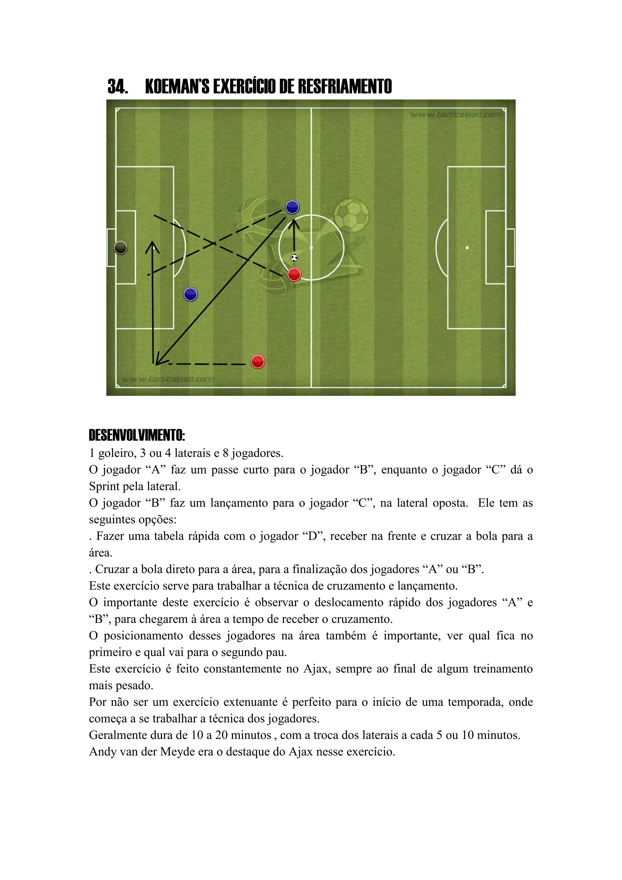 34. KOEMAN’S EXERCÍCIO DE RESFRIAMENTO
DESENVOLVIMENTO:
1 goleiro, 3 ou 4 laterais e 8 jogadores.
O jogador “A” faz um passe curto para o jogador “B”, enquanto o jogador “C” dá o
Sprint pela lateral.
O jogador “B” faz um lançamento para o jogador “C”, na lateral oposta. Ele tem as
seguintes opções:
. Fazer uma tabela rápida com o jogador “D”, receber na frente e cruzar a bola para a
área.
. Cruzar a bola direto para a área, para a finalização dos jogadores “A” ou “B”.
Este exercício serve para trabalhar a técnica de cruzamento e lançamento.
O importante deste exercício é observar o deslocamento rápido dos jogadores “A” e
“B”, para chegarem à área a tempo de receber o cruzamento.
O posicionamento desses jogadores na área também é importante, ver qual fica no
primeiro e qual vai para o segundo pau.
Este exercício é feito constantemente no Ajax, sempre ao final de algum treinamento
mais pesado.
Por não ser um exercício extenuante é perfeito para o início de uma temporada, onde
começa a se trabalhar a técnica dos jogadores.
Geralmente dura de 10 a 20 minutos , com a troca dos laterais a cada 5 ou 10 minutos.
Andy van der Meyde era o destaque do Ajax nesse exercício.
 