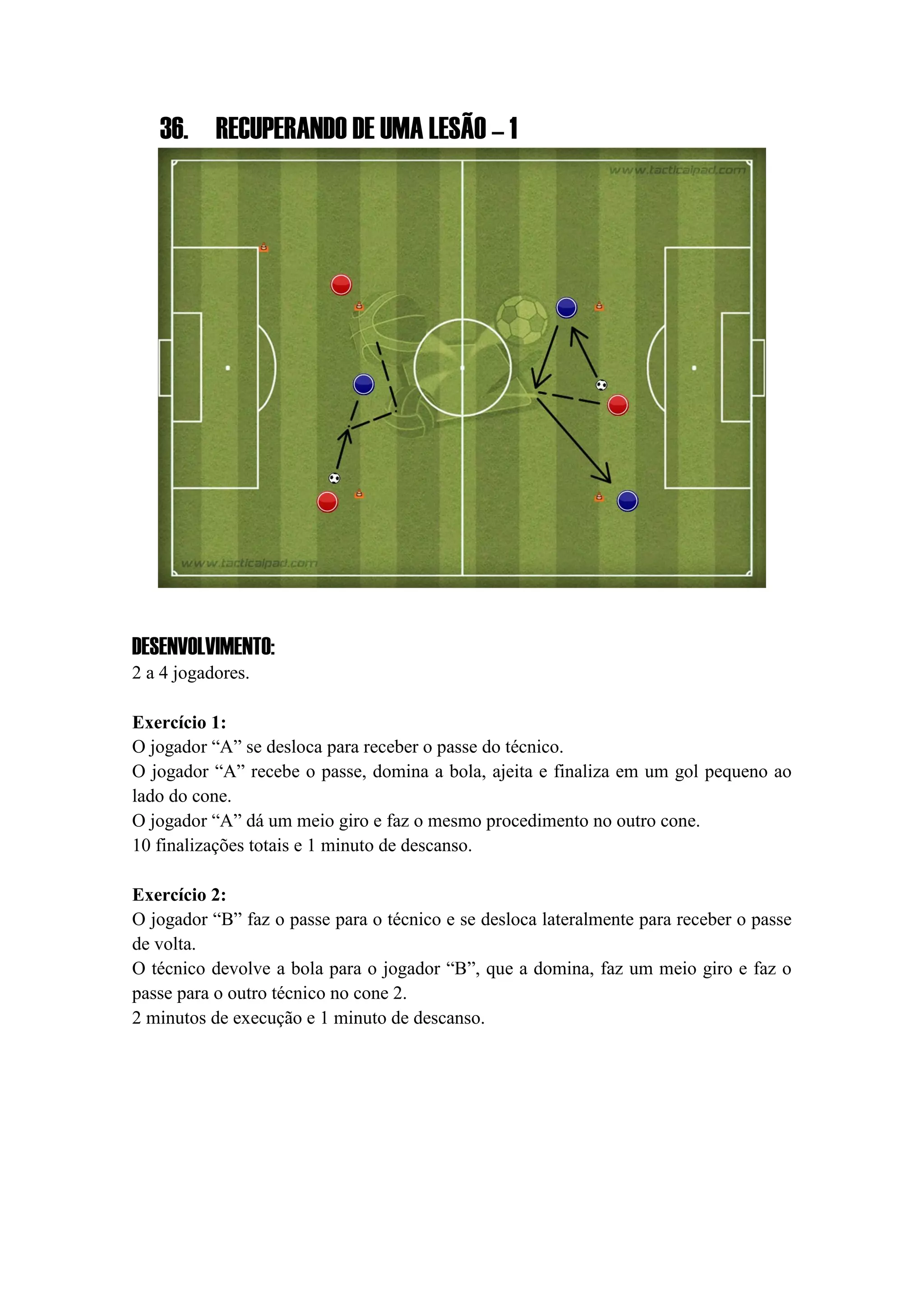 36. RECUPERANDO DE UMA LESÃO – 1
DESENVOLVIMENTO:
2 a 4 jogadores.
Exercício 1:
O jogador “A” se desloca para receber o passe do técnico.
O jogador “A” recebe o passe, domina a bola, ajeita e finaliza em um gol pequeno ao
lado do cone.
O jogador “A” dá um meio giro e faz o mesmo procedimento no outro cone.
10 finalizações totais e 1 minuto de descanso.
Exercício 2:
O jogador “B” faz o passe para o técnico e se desloca lateralmente para receber o passe
de volta.
O técnico devolve a bola para o jogador “B”, que a domina, faz um meio giro e faz o
passe para o outro técnico no cone 2.
2 minutos de execução e 1 minuto de descanso.
 