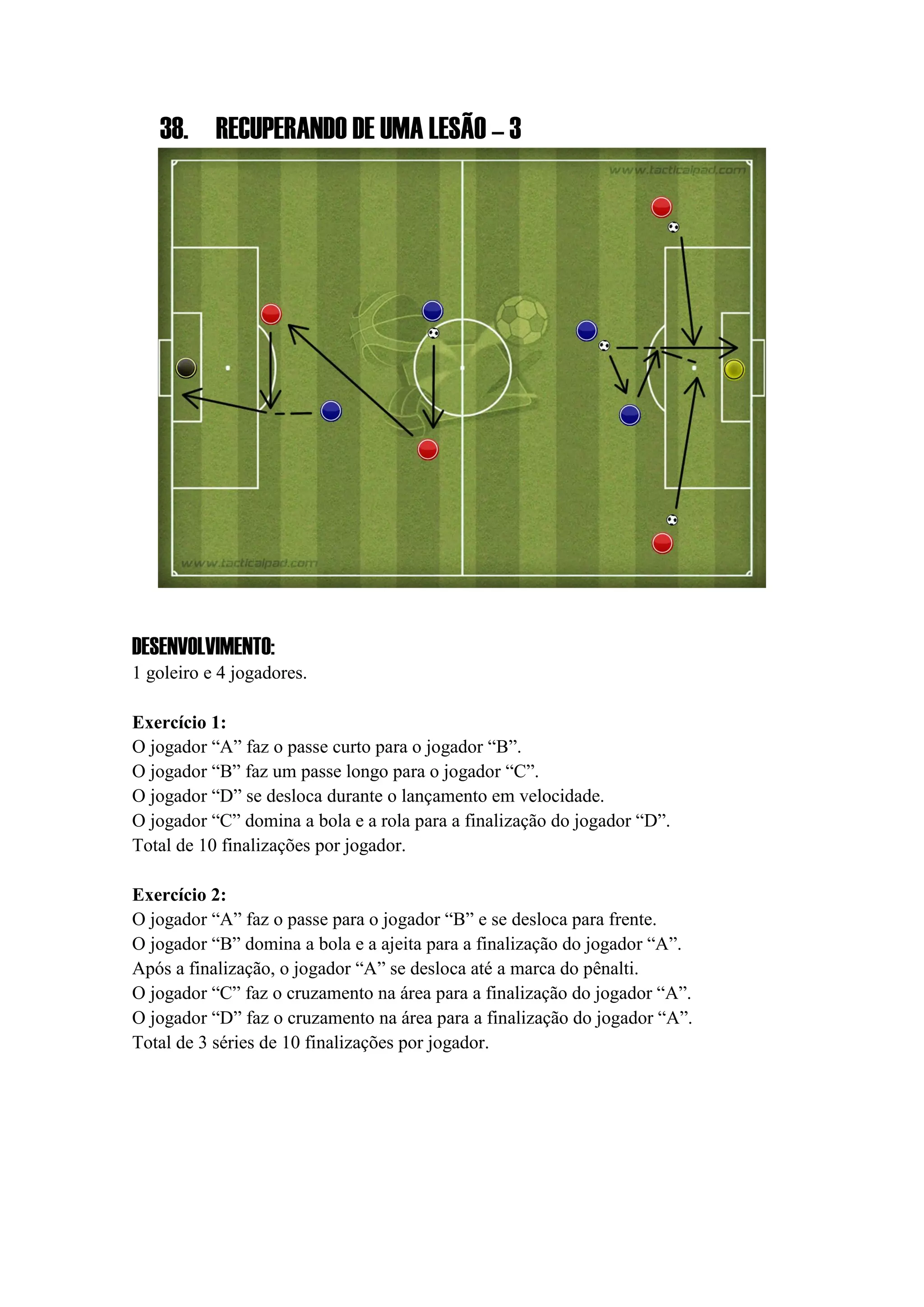 38. RECUPERANDO DE UMA LESÃO – 3
DESENVOLVIMENTO:
1 goleiro e 4 jogadores.
Exercício 1:
O jogador “A” faz o passe curto para o jogador “B”.
O jogador “B” faz um passe longo para o jogador “C”.
O jogador “D” se desloca durante o lançamento em velocidade.
O jogador “C” domina a bola e a rola para a finalização do jogador “D”.
Total de 10 finalizações por jogador.
Exercício 2:
O jogador “A” faz o passe para o jogador “B” e se desloca para frente.
O jogador “B” domina a bola e a ajeita para a finalização do jogador “A”.
Após a finalização, o jogador “A” se desloca até a marca do pênalti.
O jogador “C” faz o cruzamento na área para a finalização do jogador “A”.
O jogador “D” faz o cruzamento na área para a finalização do jogador “A”.
Total de 3 séries de 10 finalizações por jogador.
 