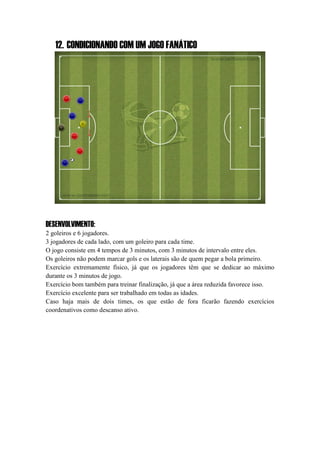 12. CONDICIONANDO COM UM JOGO FANÁTICO
DESENVOLVIMENTO:
2 goleiros e 6 jogadores.
3 jogadores de cada lado, com um goleiro para cada time.
O jogo consiste em 4 tempos de 3 minutos, com 3 minutos de intervalo entre eles.
Os goleiros não podem marcar gols e os laterais são de quem pegar a bola primeiro.
Exercício extremamente físico, já que os jogadores têm que se dedicar ao máximo
durante os 3 minutos de jogo.
Exercício bom também para treinar finalização, já que a área reduzida favorece isso.
Exercício excelente para ser trabalhado em todas as idades.
Caso haja mais de dois times, os que estão de fora ficarão fazendo exercícios
coordenativos como descanso ativo.
 
