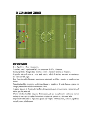 31. 2X2 COM DOIS GOLEIROS
DESENVOLVIMENTO:
2 ou 3 goleiros e 4 ou 6 jogadores.
2 equipes com 2 jogadores (2x2) em um campo de 10 x 15 metros.
Cada jogo terá a duração de 2 minutos, com 1 a 1 minuto e meio de descanso.
O goleiro não pode marcar e nem pode receber a bola de volta a partir do momento que
ele a colocar em jogo.
Este é um exercício bom para aumentar a resistência aeróbica e manter os jogadores em
forma.
Trabalha também o aspecto posicional, já que os jogadores deverão buscar espaços no
campo para receber a bola no momento certo.
Aspecto técnico de finalização também é importante, pois o interessante é chutar ao gol
assim que for possível.
Ótimo trabalho também na parte de marcação, já que os defensores terão que marcar
mais próximo e por pressão, diminuindo o espaço de quem tem a posse de bola.
Jogo muito utilizado no Ajax nas épocas de viagens internacionais, com os jogadores
que não eram relacionados.
 