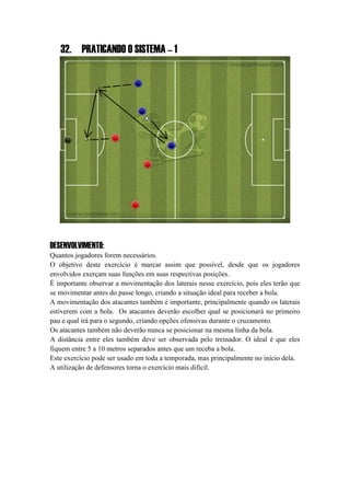 32. PRATICANDO O SISTEMA – 1
DESENVOLVIMENTO:
Quantos jogadores forem necessários.
O objetivo deste exercício é marcar assim que possível, desde que os jogadores
envolvidos exerçam suas funções em suas respectivas posições.
É importante observar a movimentação dos laterais nesse exercício, pois eles terão que
se movimentar antes do passe longo, criando a situação ideal para receber a bola.
A movimentação dos atacantes também é importante, principalmente quando os laterais
estiverem com a bola. Os atacantes deverão escolher qual se posicionará no primeiro
pau e qual irá para o segundo, criando opções ofensivas durante o cruzamento.
Os atacantes também não deverão nunca se posicionar na mesma linha da bola.
A distância entre eles também deve ser observada pelo treinador. O ideal é que eles
fiquem entre 5 a 10 metros separados antes que um receba a bola.
Este exercício pode ser usado em toda a temporada, mas principalmente no início dela.
A utilização de defensores torna o exercício mais difícil.
 