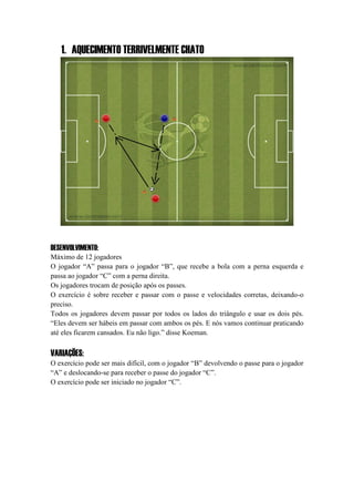1. AQUECIMENTO TERRIVELMENTE CHATO
DESENVOLVIMENTO:
Máximo de 12 jogadores
O jogador “A” passa para o jogador “B”, que recebe a bola com a perna esquerda e
passa ao jogador “C” com a perna direita.
Os jogadores trocam de posição após os passes.
O exercício é sobre receber e passar com o passe e velocidades corretas, deixando-o
preciso.
Todos os jogadores devem passar por todos os lados do triângulo e usar os dois pés.
“Eles devem ser hábeis em passar com ambos os pés. E nós vamos continuar praticando
até eles ficarem cansados. Eu não ligo.” disse Koeman.
VARIAÇÕES:
O exercício pode ser mais difícil, com o jogador “B” devolvendo o passe para o jogador
“A” e deslocando-se para receber o passe do jogador “C”.
O exercício pode ser iniciado no jogador “C”.
 
