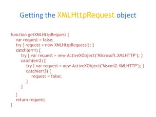 Getting the XMLHttpRequest object
function getXMLHttpRequest {
var request = false;
try { request = new XMLHttpRequest(); }
catch(err1) {
try { var request = new ActiveXObject("Microsoft.XMLHTTP"); }
catch(err2) {
try { var request = new ActiveXObject("Msxml2.XMLHTTP"); }
catch(err3) {
request = false;
}
}
}
return request;
}
 