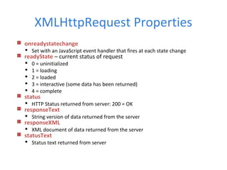XMLHttpRequest Properties
 onreadystatechange
 Set with an JavaScript event handler that fires at each state change
 readyState – current status of request
 0 = uninitialized
 1 = loading
 2 = loaded
 3 = interactive (some data has been returned)
 4 = complete
 status
 HTTP Status returned from server: 200 = OK
 responseText
 String version of data returned from the server
 responseXML
 XML document of data returned from the server
 statusText
 Status text returned from server
 