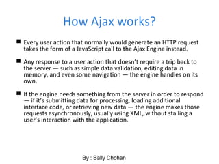 How Ajax works?
 Every user action that normally would generate an HTTP request
takes the form of a JavaScript call to the Ajax Engine instead.
 Any response to a user action that doesn’t require a trip back to
the server — such as simple data validation, editing data in
memory, and even some navigation — the engine handles on its
own.
 If the engine needs something from the server in order to respond
— if it’s submitting data for processing, loading additional
interface code, or retrieving new data — the engine makes those
requests asynchronously, usually using XML, without stalling a
user’s interaction with the application.
By : Bally Chohan
 