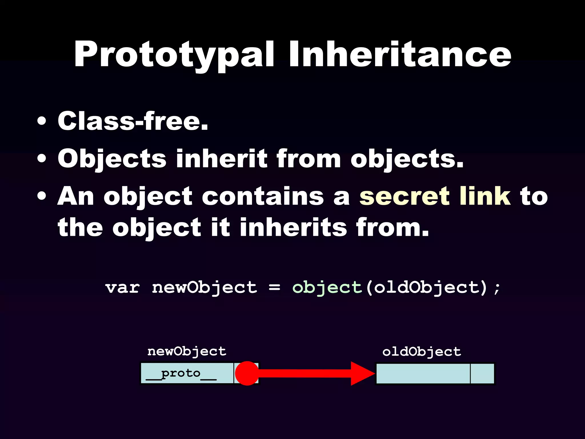 Prototypal Inheritance
• Class-free.
• Objects inherit from objects.
• An object contains a secret link to
the object it inherits from.
var newObject = object(oldObject);
newObject
__proto__

oldObject

 