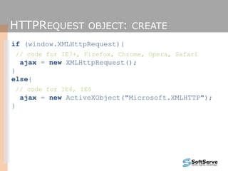HTTPREQUEST OBJECT: CREATE
if (window.XMLHttpRequest){
// code for IE7+, Firefox, Chrome, Opera, Safari
ajax = new XMLHttpRequest();
}
else{
// code for IE6, IE5
ajax = new ActiveXObject("Microsoft.XMLHTTP");
}
 