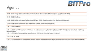 10:00 -10:45 Design & Secure Your Cloud Infrastructure – Sarvesh (Cloud Architect) and Ajay (Microsoft MVP)
10:45 – 11:00 Tea Break
11:00 – 11:45 SCCM with Azure PaaS services (CDP and CMG) - Troubleshooting Tips - Sudheesh N (Microsoft )
12:00 – 12:45 Azure Automation with PowerShell - Deepak Dhami (Microsoft MVP)
1:00 – 1:45 Lunch Break
2:00 – 2:45 Modern Management with Intune – Is it OK to move away from Group Policy to CSP– Vimal (Senior Consultant) and Anoop
(Microsoft MVP)
3:00 – 3:45 Disaster Recovery Using Azure Services - Adil (Senior Technical Support Engineer)
3:45 – 4:00 Tea Break
4:00 – 4:45 Windows 10 co management benefits and real-world experience – Rajul (Technical Consultant) and Anoop (Microsoft MVP)
Agenda
 