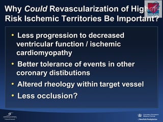 • Less progression to decreased
ventricular function / ischemic
cardiomyopathy
• Better tolerance of events in other
coronary distibutions
• Altered rheology within target vessel
• Less occlusion?
Why Could Revascularization of Higher-
Risk Ischemic Territories Be Important?
 