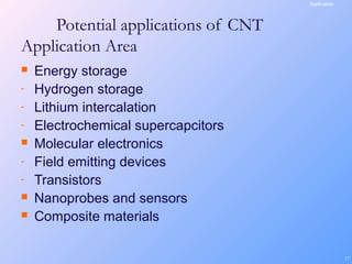 17
Potential applications of CNT
Application Area
 Energy storage
- Hydrogen storage
- Lithium intercalation
- Electrochemical supercapcitors
 Molecular electronics
- Field emitting devices
- Transistors
 Nanoprobes and sensors
 Composite materials
Application
 