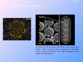 18
Hydrogen storage
potential sites for hydrogen adsorption within a nanotubes
bundle: (left) hydrogen atoms occupying the interstitial
spaces between the tubes, and (right) hydrogen atoms
inside the tube interior*.
Application
 