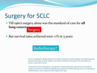 Surgery for SCLC
 Till 1960’s surgery alone was the standard of care for all
lung cancer.
 But survival rates achieved were <1% at 5 years
Fox W, Scadding JG. Medical Research Council comparative trial of surgery and radiotherapy for
primary treatment of small-celled or oat celled carcinoma of bronchus. Ten year follow up.
Lancet. 1973;2(7820):63-65
Thomas Lad, Steven Piantadosi. A prospective randomized trial to determine the benefit of
surgical resection of residual diseasefollowing response of Small cell lung cancer to combination
chemotherapy. Chest. 1994 Dec;106(6 Suppl):320S-323S
Surgery
Radiotherapy?
 