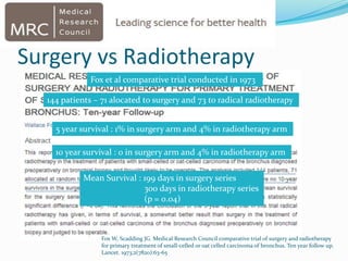 Surgery vs Radiotherapy
Fox W, Scadding JG. Medical Research Council comparative trial of surgery and radiotherapy
for primary treatment of small-celled or oat celled carcinoma of bronchus. Ten year follow up.
Lancet. 1973;2(7820):63-65
Fox et al comparative trial conducted in 1973
144 patients – 71 alocated to surgery and 73 to radical radiotherapy
5 year survival : 1% in surgery arm and 4% in radiotherapy arm
10 year survival : 0 in surgery arm and 4% in radiotherapy arm
Mean Survival : 199 days in surgery series
300 days in radiotherapy series
(p = 0.04)
 