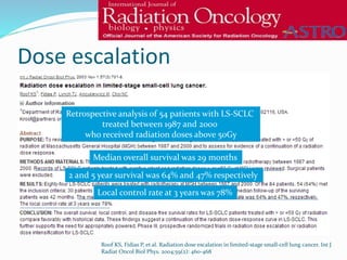Dose escalation
Roof KS, Fidias P, et al. Radiation dose escalation in limited-stage small-cell lung cancer. Int J
Radiat Oncol Biol Phys. 2004;59(2): 460-468
Retrospective analysis of 54 patients with LS-SCLC
treated between 1987 and 2000
who received radiation doses above 50Gy
Median overall survival was 29 months
2 and 5 year survival was 64% and 47% respectively
Local control rate at 3 years was 78%
 