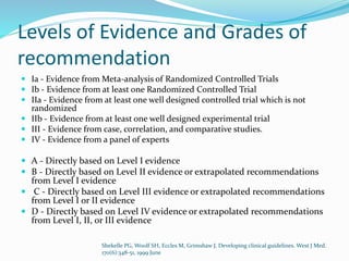 Levels of Evidence and Grades of
recommendation
 Ia - Evidence from Meta-analysis of Randomized Controlled Trials
 Ib - Evidence from at least one Randomized Controlled Trial
 IIa - Evidence from at least one well designed controlled trial which is not
randomized
 IIb - Evidence from at least one well designed experimental trial
 III - Evidence from case, correlation, and comparative studies.
 IV - Evidence from a panel of experts
 A - Directly based on Level I evidence
 B - Directly based on Level II evidence or extrapolated recommendations
from Level I evidence
 C - Directly based on Level III evidence or extrapolated recommendations
from Level I or II evidence
 D - Directly based on Level IV evidence or extrapolated recommendations
from Level I, II, or III evidence
Shekelle PG, Woolf SH, Eccles M, Grimshaw J. Developing clinical guidelines. West J Med.
170(6):348-51, 1999 June
 
