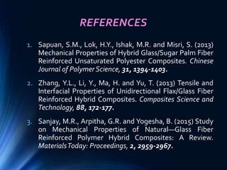 REFERENCES
1. Sapuan, S.M., Lok, H.Y., Ishak, M.R. and Misri, S. (2013)
Mechanical Properties of Hybrid Glass/Sugar Palm Fiber
Reinforced Unsaturated Polyester Composites. Chinese
Journal of Polymer Science, 31, 1394-1403.
2. Zhang, Y.L., Li, Y., Ma, H. and Yu, T. (2013) Tensile and
Interfacial Properties of Unidirectional Flax/Glass Fiber
Reinforced Hybrid Composites. Composites Science and
Technology, 88, 172-177.
3. Sanjay, M.R., Arpitha, G.R. and Yogesha, B. (2015) Study
on Mechanical Properties of Natural—Glass Fiber
Reinforced Polymer Hybrid Composites: A Review.
MaterialsToday: Proceedings, 2, 2959-2967.
 