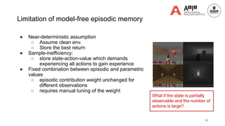 Limitation of model-free episodic memory
● Near-deterministic assumption
○ Assume clean env.
○ Store the best return
● Sample-inefficiency:
○ store state-action-value which demands
experiencing all actions to gain experience
● Fixed combination between episodic and parametric
values
○ episodic contribution weight unchanged for
different observations
○ requires manual tuning of the weight
31
What if the state is partially
observable and the number of
actions is large?
 