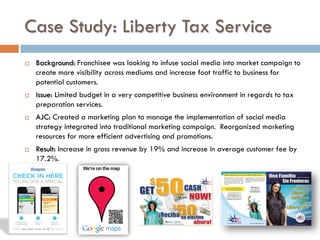 Case Study: Liberty Tax Service
   Background: Franchisee was looking to infuse social media into market campaign to
    create more visibility across mediums and increase foot traffic to business for
    potential customers.
   Issue: Limited budget in a very competitive business environment in regards to tax
    preparation services.
   AJC: Created a marketing plan to manage the implementation of social media
    strategy integrated into traditional marketing campaign. Reorganized marketing
    resources for more efficient advertising and promotions.
   Result: Increase in gross revenue by 19% and increase in average customer fee by
    17.2%.
 