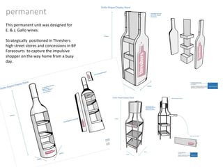 permanent This permanent unit was designed for  E. & J. Gallo wines.  Strategically  positioned in Threshers high street stores and concessions in BP Forecourts  to capture the impulsive shopper on the way home from a busy day. 