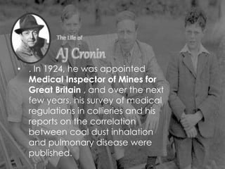 • . In 1924, he was appointed
Medical Inspector of Mines for
Great Britain , and over the next
few years, his survey of medical
regulations in collieries and his
reports on the correlation
between coal dust inhalation
and pulmonary disease were
published.
 