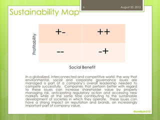 6                  September 13, 2012

Sustainability Map

       Profitability   +-                      ++
                       --                      -+
                              Social Benefit

    In a globalized, interconnected and competitive world; the way that
    environmental, social and corporate governance issues are
    managed is part of a company’s overall leadership needed to
    compete successfully. Companies that perform better with regard
    to these issues can increase shareholder value by properly
    managing risk, anticipating regulatory action and accessing new
    markets while at the same time contributing to the sustainable
    development of societies in which they operate. These issues can
    have a strong impact on reputation and brands, an increasingly
    important part of company value.
                                                                     @amitjain310
 