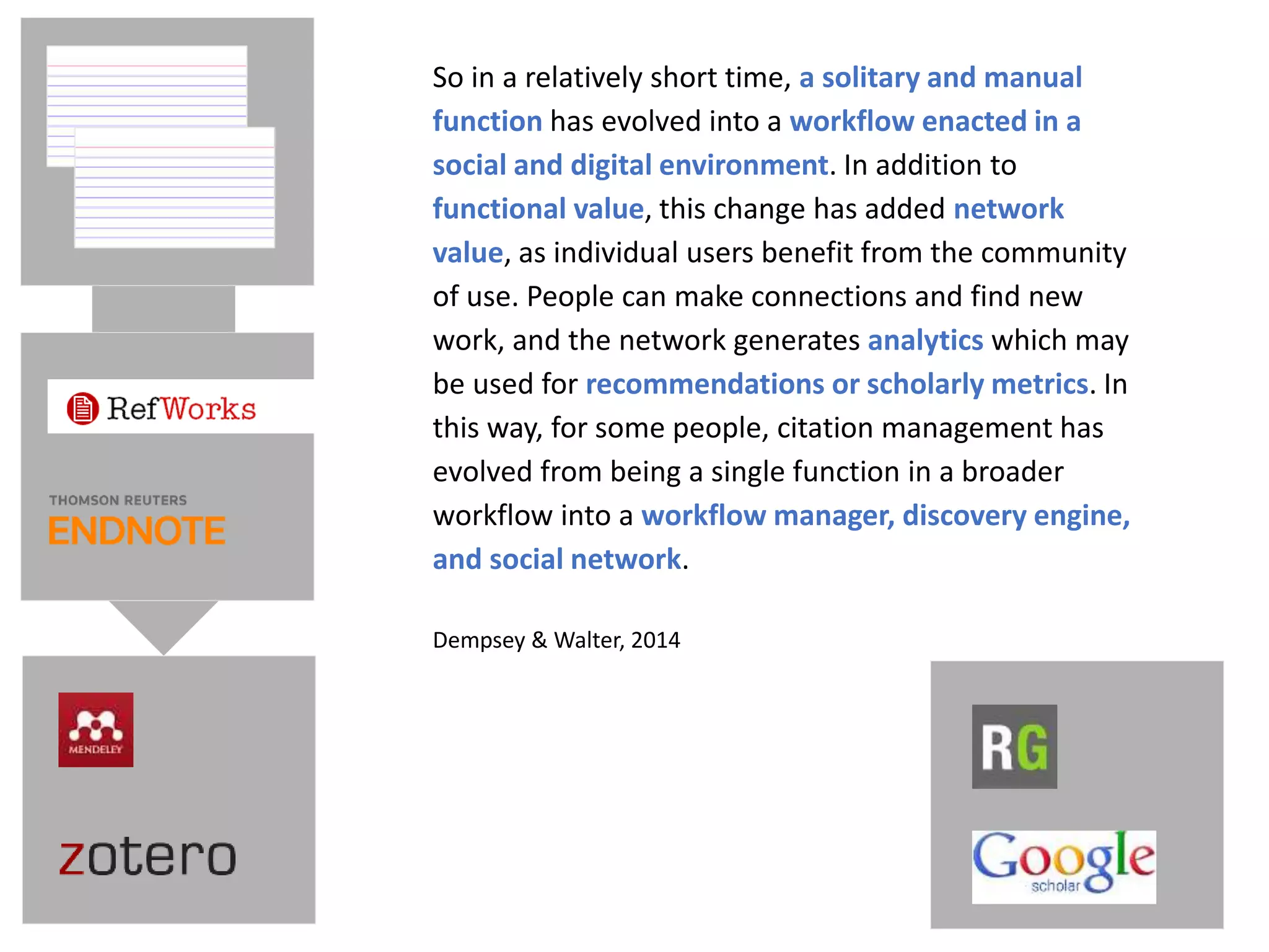 So in a relatively short time, a solitary and manual
function has evolved into a workflow enacted in a
social and digital environment. In addition to
functional value, this change has added network
value, as individual users benefit from the community
of use. People can make connections and find new
work, and the network generates analytics which may
be used for recommendations or scholarly metrics. In
this way, for some people, citation management has
evolved from being a single function in a broader
workflow into a workflow manager, discovery engine,
and social network.
Dempsey & Walter, 2014
 