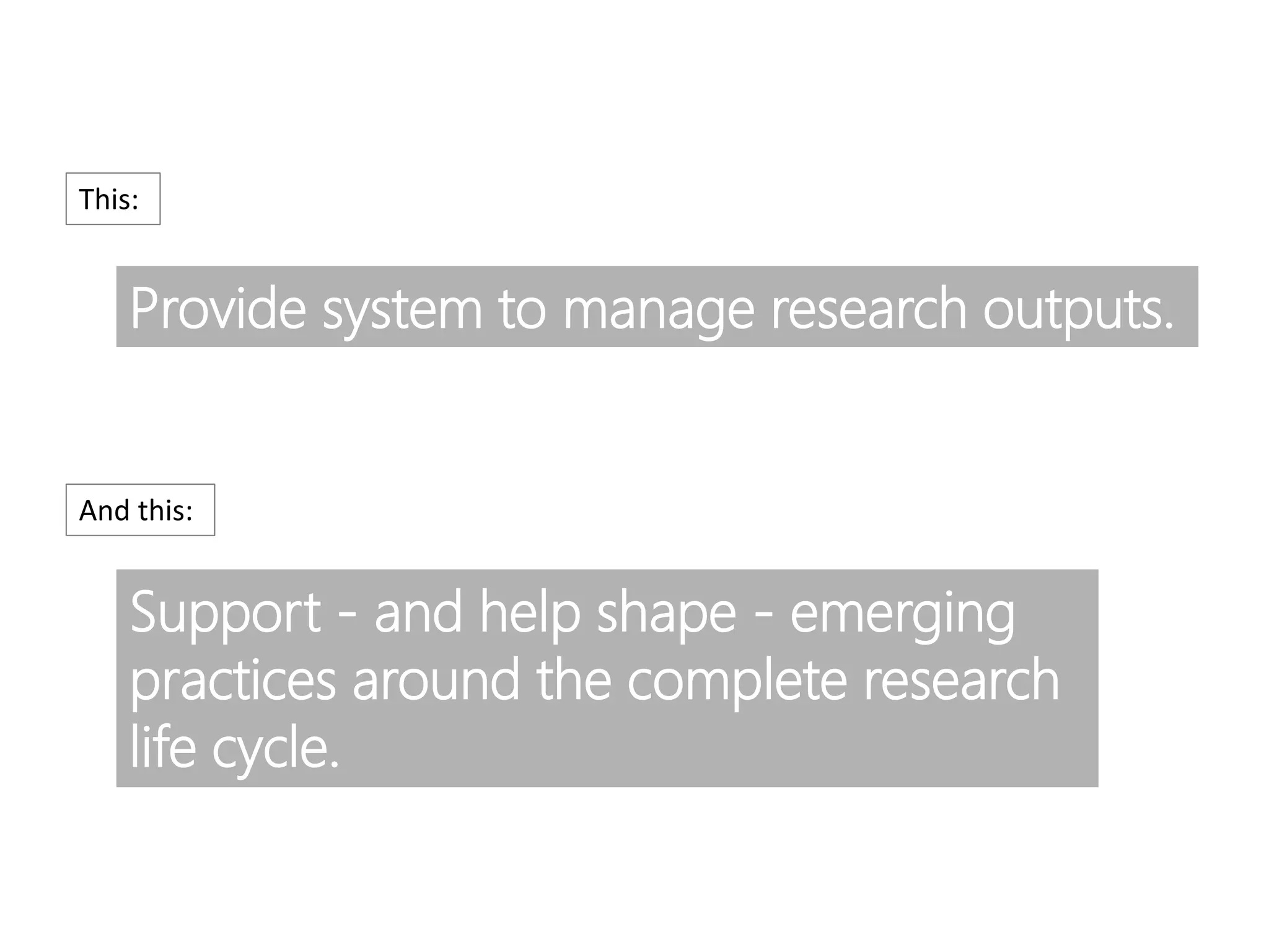 Support - and help shape - emerging
practices around the complete research
life cycle.
Provide system to manage research outputs.
This:
And this:
 