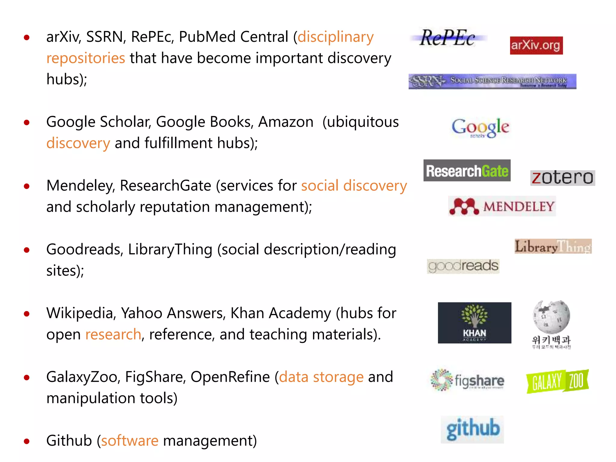 arXiv, SSRN, RePEc, PubMed Central (disciplinary
repositories that have become important discovery
hubs);
 Google Scholar, Google Books, Amazon (ubiquitous
discovery and fulfillment hubs);
 Mendeley, ResearchGate (services for social discovery
and scholarly reputation management);
 Goodreads, LibraryThing (social description/reading
sites);
 Wikipedia, Yahoo Answers, Khan Academy (hubs for
open research, reference, and teaching materials).
 GalaxyZoo, FigShare, OpenRefine (data storage and
manipulation tools)
 Github (software management)
 
