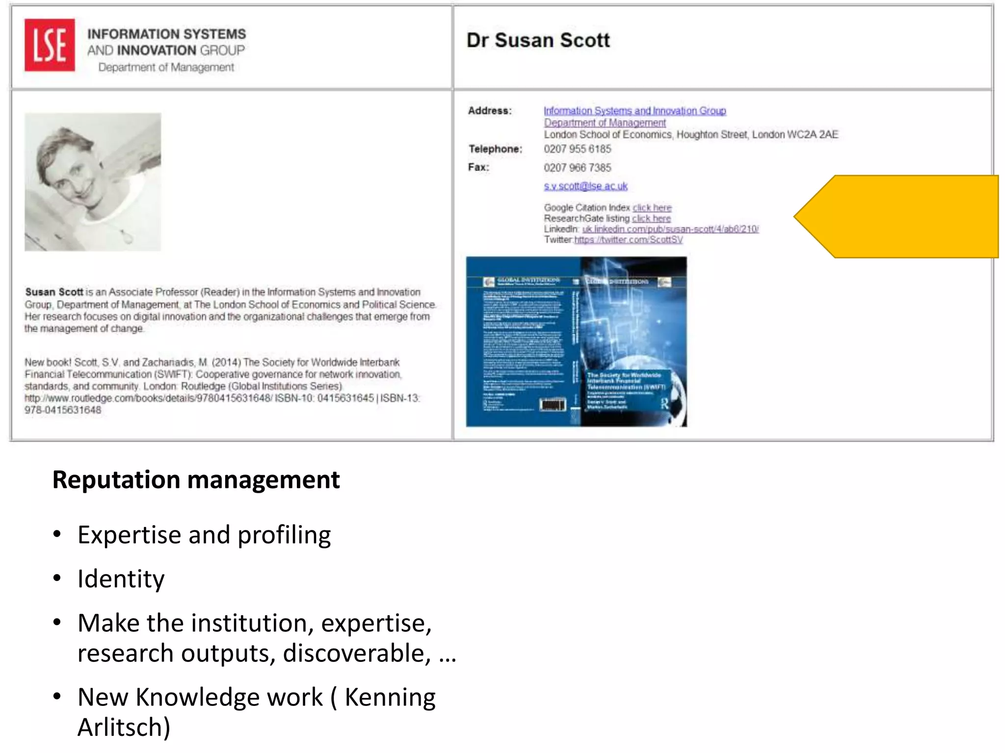 Reputation management
• Expertise and profiling
• Identity
• Make the institution, expertise,
research outputs, discoverable, …
• New Knowledge work ( Kenning
Arlitsch)
 