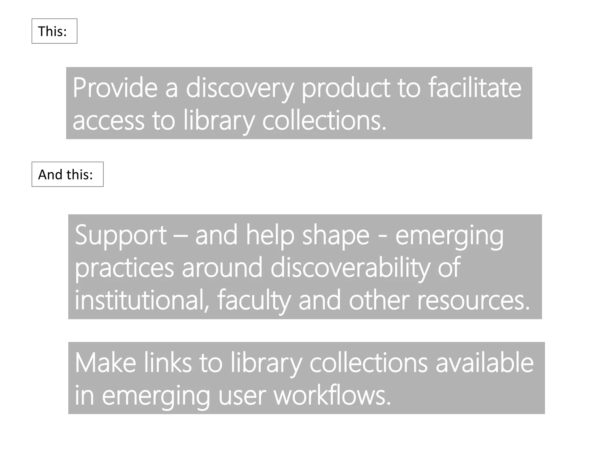 Provide a discovery product to facilitate
access to library collections.
Support – and help shape - emerging
practices around discoverability of
institutional, faculty and other resources.
This:
And this:
Make links to library collections available
in emerging user workflows.
 