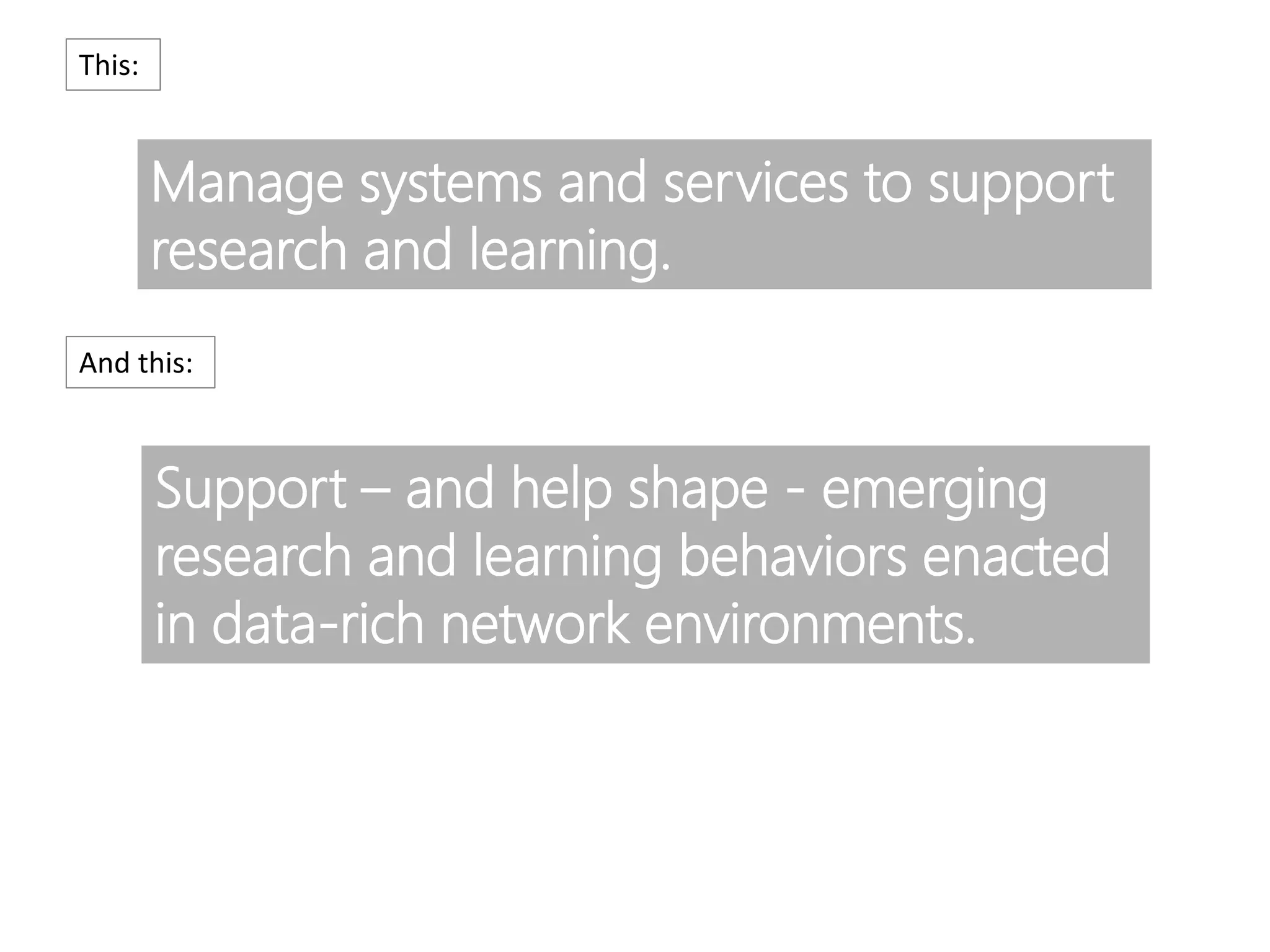 Manage systems and services to support
research and learning.
Support – and help shape - emerging
research and learning behaviors enacted
in data-rich network environments.
This:
And this:
 