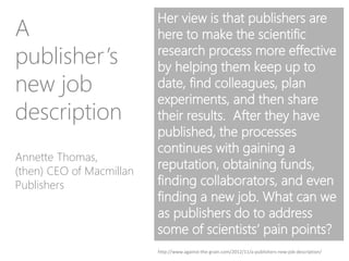 Her view is that publishers are
here to make the scientific
research process more effective
by helping them keep up to
date, find colleagues, plan
experiments, and then share
their results. After they have
published, the processes
continues with gaining a
reputation, obtaining funds,
finding collaborators, and even
finding a new job. What can we
as publishers do to address
some of scientists’ pain points?
Annette Thomas,
(then) CEO of Macmillan
Publishers
A
publisher’s
new job
description
http://www.against-the-grain.com/2012/11/a-publishers-new-job-description/
 