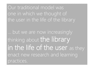 Our traditional model was
one in which we thought of
the user in the life of the library
… but we are now increasingly
thinking about the library
in the life of the user as they
enact new research and learning
practices.
 