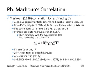 Pb: Marhoun’s Correlation
Marhoun (1988) correlation for estimating pb
used 160 experimentally determined bubble-point pressures
from PVT analysis of 69 Middle Eastern hydrocarbon mixtures
The correlating parameters are Rs, γg, γo, and T
average absolute relative error of 3.66%
when compared with the experimental data
used to develop the correlation.
T = temperature, °R
γo = stock-tank oil specific gravity
γg = gas specific gravity
a=5.3809×10−3, b=0.71508, c=−1.8778, d=3.144, e=1.3266
Spring14 H. AlamiNia Reservoir Fluid Properties Course (3rd Ed.) 32
 