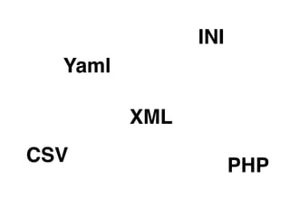 Yaml
XML
INI
CSV
PHP
 