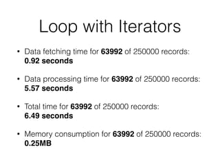 Loop with Iterators
• Data fetching time for 63992 of 250000 records: 
0.92 seconds
• Data processing time for 63992 of 250000 records:  
5.57 seconds
• Total time for 63992 of 250000 records:  
6.49 seconds
• Memory consumption for 63992 of 250000 records:  
0.25MB
 
