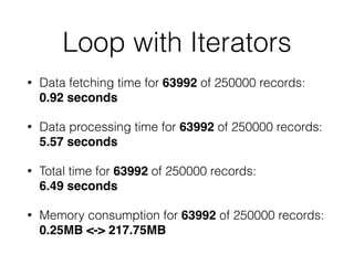 Loop with Iterators
• Data fetching time for 63992 of 250000 records: 
0.92 seconds
• Data processing time for 63992 of 250000 records:  
5.57 seconds
• Total time for 63992 of 250000 records:  
6.49 seconds
• Memory consumption for 63992 of 250000 records:  
0.25MB <-> 217.75MB
 