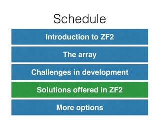 Schedule
Introduction to ZF2
The array
Challenges in development
Solutions offered in ZF2
More options
 