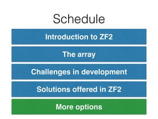 Schedule
Introduction to ZF2
The array
Challenges in development
Solutions offered in ZF2
More options
 