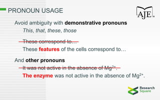 PRONOUN USAGE
Avoid ambiguity with demonstrative pronouns
This, that, these, those
These correspond to…
These features of the cells correspond to…
And other pronouns
It was not active in the absence of Mg2+.
The enzyme was not active in the absence of Mg2+.
 