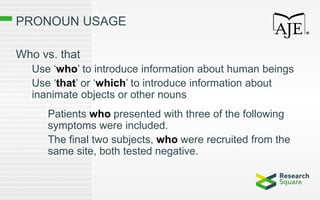 PRONOUN USAGE
Who vs. that
Use ‘who’ to introduce information about human beings
Use ‘that’ or ‘which’ to introduce information about
inanimate objects or other nouns
Patients who presented with three of the following
symptoms were included.
The final two subjects, who were recruited from the
same site, both tested negative.
 