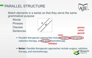 PARALLEL STRUCTURE
Match elements in a series so that they serve the same
grammatical purpose
Words
Phrases
Clauses
Sentences
• Possible therapeutic approaches include surgery, undergoing
radiation therapy, and to give chemotherapy.
• Better: Possible therapeutic approaches include surgery, radiation
therapy, and chemotherapy.
noun
passive
voice/
gerund
infinitive
 