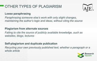 OTHER TYPES OF PLAGIARISM
Loose paraphrasing
Paraphrasing someone else’s work with only slight changes,
maintaining the author’s logic and ideas, without citing the source
Plagiarism from alternate sources
Failing to cite the source of publicly available knowledge, such as
websites, blogs, lectures
Self-plagiarism and duplicate publication
Recycling your own previously published text, whether a paragraph or a
whole article
 