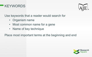 KEYWORDS
Use keywords that a reader would search for
• Organism name
• Most common name for a gene
• Name of key technique
Place most important terms at the beginning and end
 