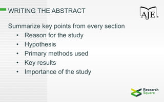 WRITING THE ABSTRACT
Summarize key points from every section
• Reason for the study
• Hypothesis
• Primary methods used
• Key results
• Importance of the study
 