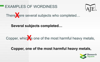 EXAMPLES OF WORDINESS
There were several subjects who completed…
Several subjects completed…
Copper, which is one of the most harmful heavy metals,
Copper, one of the most harmful heavy metals,
X
X
 