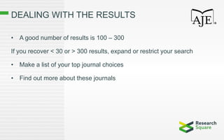 DEALING WITH THE RESULTS
• A good number of results is 100 – 300
If you recover < 30 or > 300 results, expand or restrict your search
• Make a list of your top journal choices
• Find out more about these journals
 