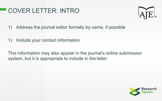 COVER LETTER: INTRO
1) Address the journal editor formally by name, if possible
1) Include your contact information
This information may also appear in the journal’s online submission
system, but it is appropriate to include in the letter
 