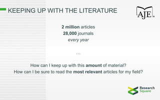 KEEPING UP WITH THE LITERATURE
2 million articles
28,000 journals
every year
…
How can I keep up with this amount of material?
How can I be sure to read the most relevant articles for my field?
 